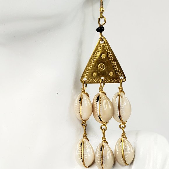 Brass Cowrie Shell Earrings. - Picture 2 of 3